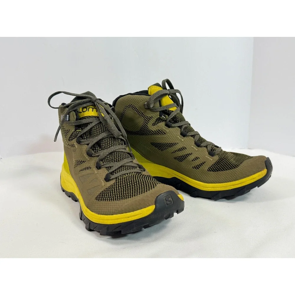 Salomon OutLine Mid GTX Hiking Boots Olive Green Yellow Gore-Tex 406793 Mens 7